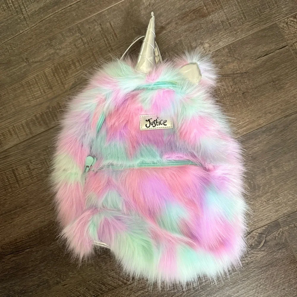 NWOT Justice Furry Unicorn Mini Backpack with Adjustable Straps